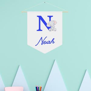 Custom Newborn Name Sign Pennant Flag, Personalized Nursery Decor, Elephant Wall Hanging, Kids Room Banner, Baby Shower Gift, Birthday Boy