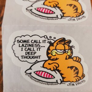 May include: A cartoon orange cat with a thought bubble above its head. The thought bubble says "SOME CALL IT LAZINESS... I CALL IT DEEP THOUGHT". The cat is lying on a striped pillow. The image is a sticker with the copyright information "&copy;1978 United Feature Syndicate Inc. JM DAVIS".