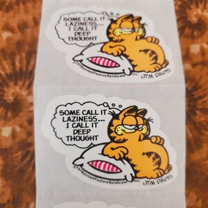 May include: A Garfield sticker featuring Garfield the cat sleeping on a pillow with the text "Some call it laziness... I call it deep thought."