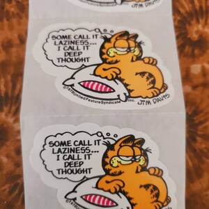 May include: A sticker featuring Garfield the cat, lying on a pillow and thinking. The thought bubble says "Some call it laziness... I call it deep thought".