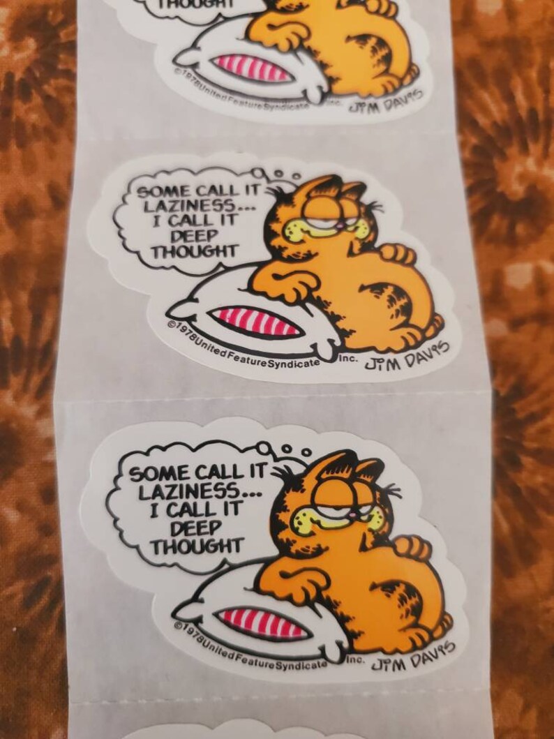 May include: A sticker featuring Garfield the cat, lying on a pillow and thinking. The thought bubble says "Some call it laziness... I call it deep thought".