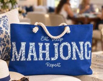Mahjong Tote Bag, Blue Chinoiserie Weekender Bag, Mah Jongg Gift for Her, Mahjong Game Night Carryall, Mahjong Lover Gift