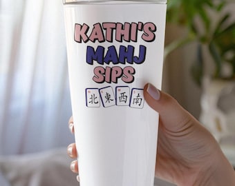 Personalized Mahjong Tumbler - "My Mahj Sips" 20oz Stainless Steel Insulated Mug with Mahjong Tiles - Custom Name Gift for Mahjong Lovers