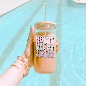 Mahjong Glass Tumbler with Lid & Straw, &quot;Hands Off My Jokers&quot; 16oz Iced Coffee Cup, Mahjong Lover Gift, Game Night Cup, Mahj Gift, Mahj Game