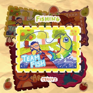 K&ouml;nnte beinhalten: Ein gelber und blauer illustrierter Aufkleber mit einem Cartoon-B&auml;ren beim Angeln. Der Aufkleber sagt "Team Fish" und "Fishing".