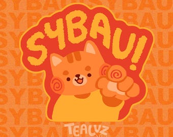 Könnte beinhalten: Orangefarbener und gelber Aufkleber mit einer Cartoon-Katze und dem Text "SYBAU!". Die Katze zeigt mit ihrer Pfote. Der Hintergrund ist orange mit dem Wort "SYBAU!" wiederholt. Der Aufkleber hat auch den Text "TEALVZ".