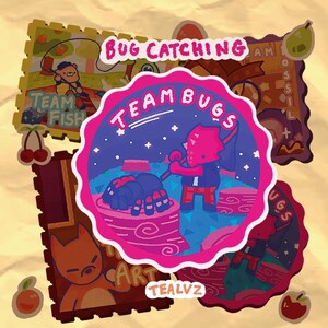 K&ouml;nnte beinhalten: Ein Set aus f&uuml;nf pinkfarbenen und violetten Aufklebern mit Comicfiguren und dem Text "Bug Catching", "Team Fish", "Team Bugs", "Art" und "Tealvz".