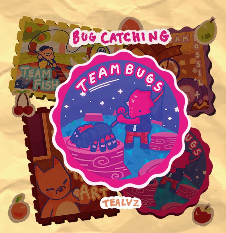 K&ouml;nnte beinhalten: Ein Set aus f&uuml;nf pinkfarbenen und violetten Aufklebern mit Comicfiguren und dem Text "Bug Catching", "Team Fish", "Team Bugs", "Art" und "Tealvz".