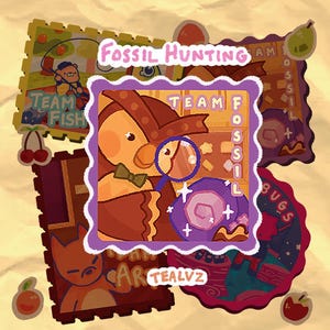 K&ouml;nnte beinhalten: Ein Set bunter Aufkleber mit Comicfiguren und dem Text "Fossil Hunting", "Team Fish", "Team Fossil", "Bugs" und "Artealvz".