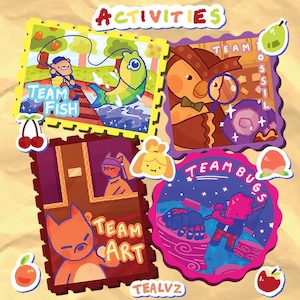 Puede incluir: Cuatro insignias de estilo de dibujos animados coloridos con diferentes actividades. Las insignias están decoradas con estrellas, cerezas, manzanas y melocotones. El texto en las insignias dice "Team Fish", "Team Fossil", "Team Bugs" y "Team Art".