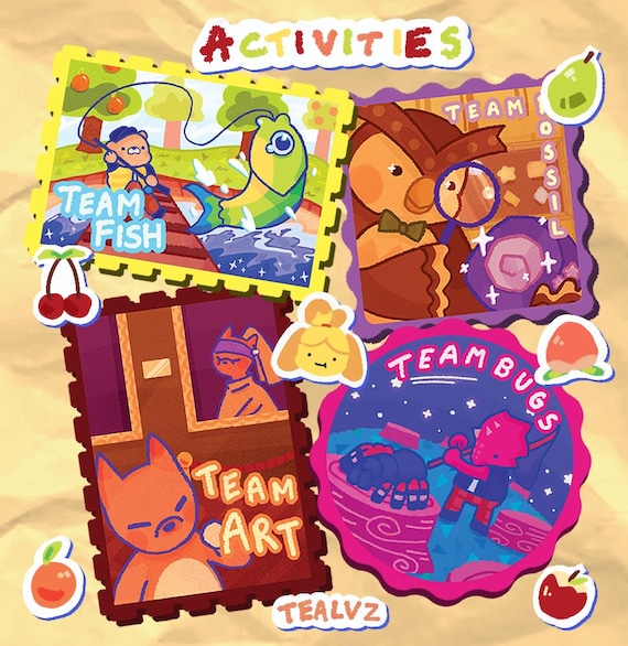 Animal Activities Stamp Sticker Pack | Fishing Bugs Fossil Art | Custom Waterproof 3" Sticker