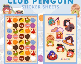 Club Pinguin Sticker Bogen | Deko Puffs | Minispiele | 4"x6" | Sticker Paket