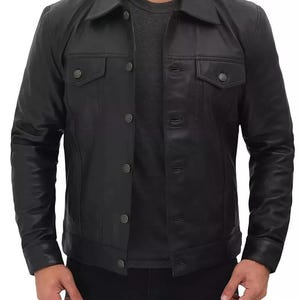 Men&#39;s Custom Tailored Black Trucker Genuine Sheep Skin Motorcycle Jacket