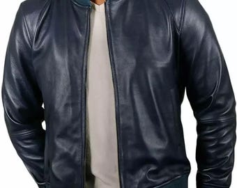 May include: A navy blue leather bomber jacket with a zipper closure and ribbed knit collar, cuffs, and waistband.