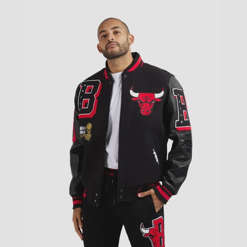 Jaqueta universitária de couro de carneiro Chicago Bulls feita sob medida e artesanalmente - Jaqueta bomber da NBA imagem 2