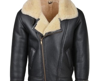 Giubbotto Bomber Aviator In Vera Pelle Di Pecora Nera Con Pelliccia, Taglie Disponibili