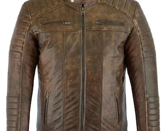 Jaqueta masculina de couro legítimo de ovelha, feita sob medida, estilo motociclista casual e slim fit.