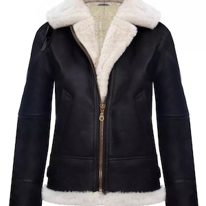 Custom Tailored Women&#39;s Hooded Sheepskin B3 Flying Pilot Genuine Leather Jacket