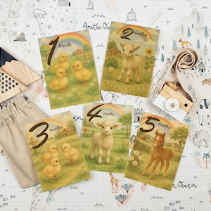 Cartes d'étape mensuelles rustiques pour bébés animaux de la ferme Cartes d'étape mensuelles neutres en matière de genre Cartes d'apprentissage souvenir bébé animal pour tout-petit
