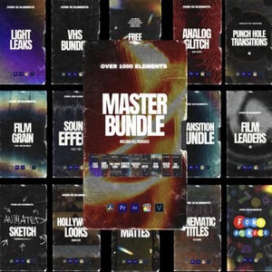 Può includere: Un collage di quadrati colorati con testo che descrive diversi elementi di editing video. Il testo include "Light Leaks", "VHS Bundle", "Free", "Analog Glitch", "Punch Hole Transitions", "Film Grain", "Sound Effects", "Master Bundle", "Includes All Packages", "Animated Sketch", "Hollywood Looks", "Mattes", "Cinematic Titles", "Font Bundle", "Film Leaders", "Transition Bundle".