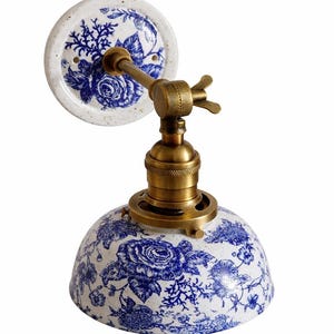 Style#708 French Country Blue Floral Ceramic Wall Sconce | European Farmhouse Pottery Light | Vintage Brass Wall Lamp