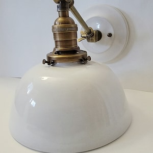 Style#066 White farmhouse lamp, with,adjustable arm, and vintage looking wall plate, wall light, bedside wall light, plug in wall sconce,