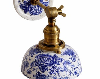 Style#061 Blue Floral Ceramic Wall Sconce | Cottagecore Pottery Light | Farmhouse Vintage Wall Lamp | Handcrafted Brass Sconce