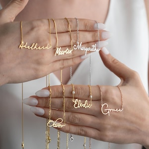 Collar con nombre, joyería unisex personalizada de oro de 14 quilates, regalos personalizados delicados de cumpleaños y Navidad para ella, él, niños, mamá, hombres, mujeres, niñas, esposas y papás