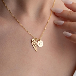 Collar de ángel de la guarda: joyería con letras de alas de ángel en oro de 14 quilates, colgante de recuerdo personalizado, regalos navideños conmemorativos para ella, él, niños y mamá