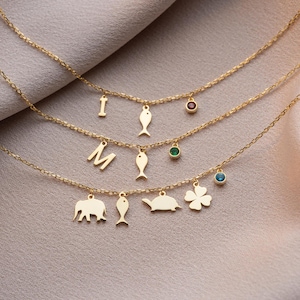 Colar de amuleto da sorte de ouro 14k personalizado: pingente inicial de pedra de nascimento para mulheres e meninas