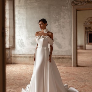mikado a-line wedding dress with removable train Mikado A-Line Wedding Dress with Removable Feather Straps