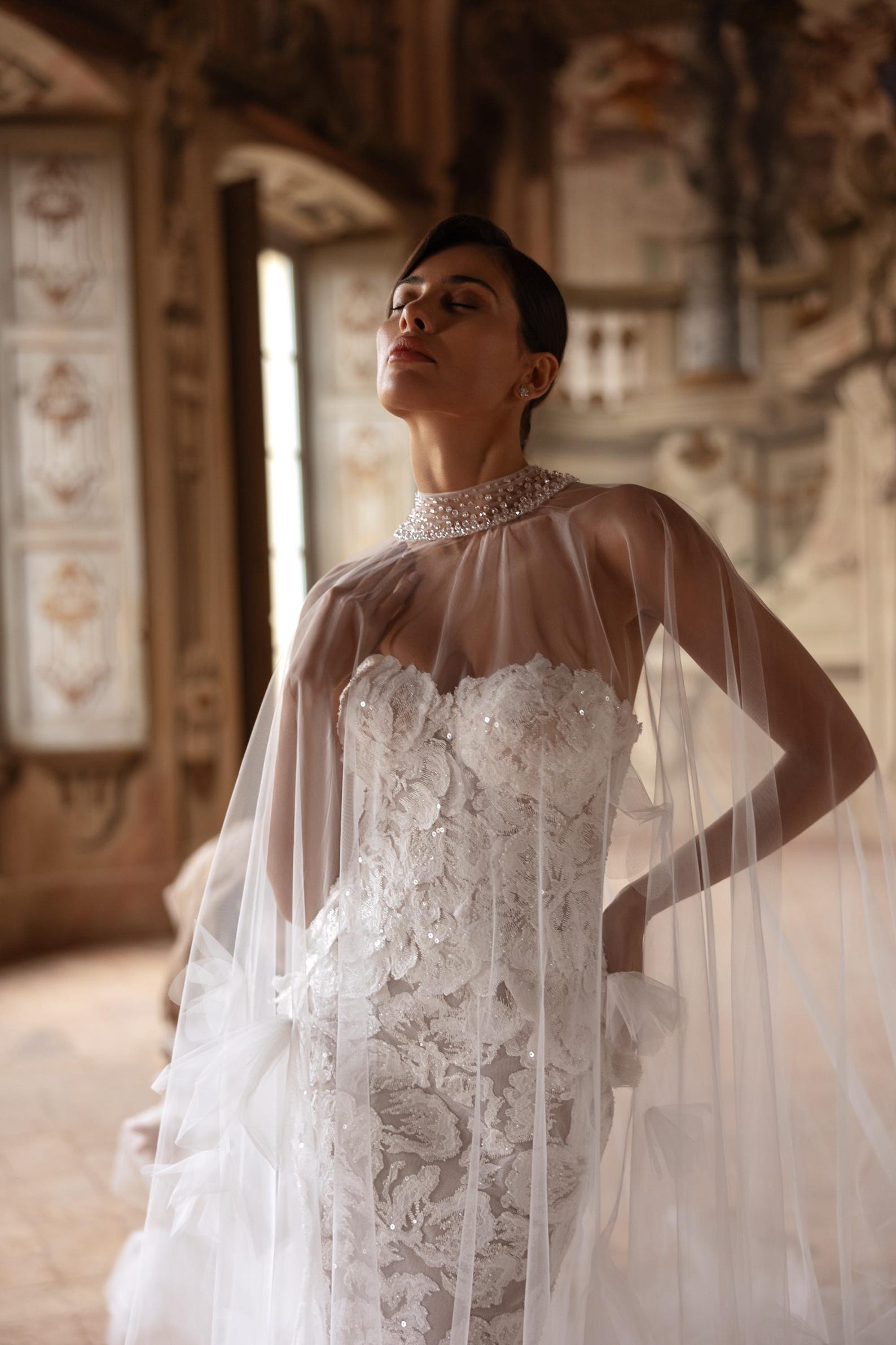 Mermaid Wedding Dress Sheer Cape With 3D Flower Appliques Strapless ...