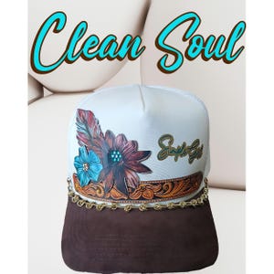 Clean Soul Trucker Hat – Simple Girl Western Floral with Tooled Leather Design