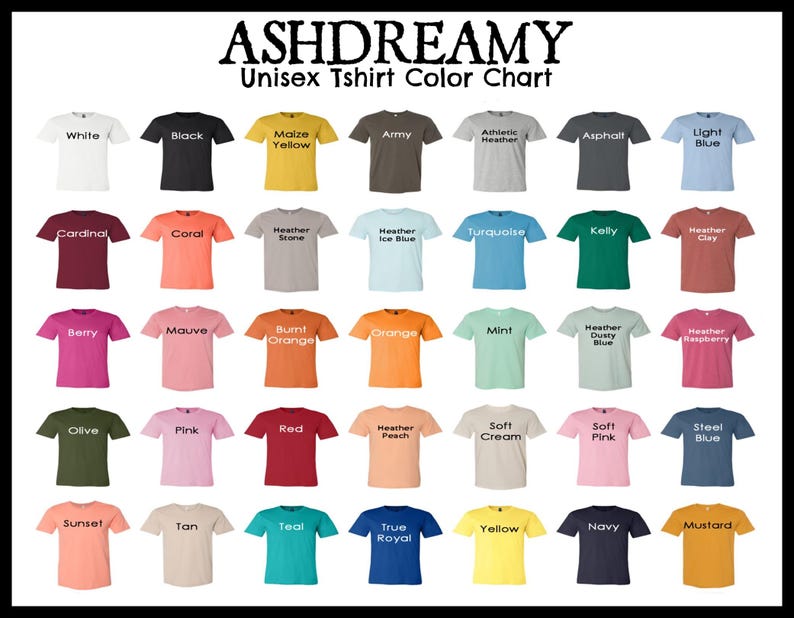 以下が含まれることがあります： 36種類のTシャツの色を示すカラーチャート。チャートは4行9列のグリッドに整理されています。各色は、色名が印刷された小さなTシャツで表されています。