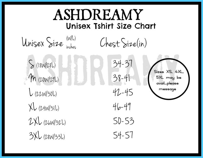 以下が含まれることがあります： ユニセックスTシャツのサイズチャートで、インチで測定したサイズと胸囲が記載されています。Sから3XLまでのサイズが、対応する幅と長さの測定値（インチ）とともに記載されています。XS、4XL、5XLのサイズは、ご希望の場合、メッセージでご連絡ください。