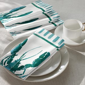 Teal lobster & stripe Cloth napkin set - hand-painted table set of 4
