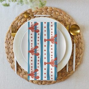 Red lobster & blue stripe pattern Cloth napkin set - set of 4 coastal napkins tableware