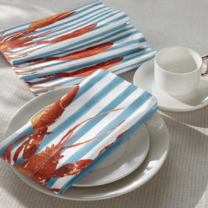 Red Lobster & Blue Stripe Cloth Napkin Set – Set of 4 Coastal Table Linens