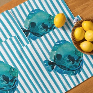 Tropical Blue Fish & Stripe Placemat Set – Hand-Painted Coastal Style (Set of 4)