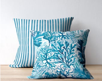 Blue Coral Stripe Pillow Covers | Coastal Watercolour Cushion Set of 2