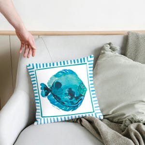 Tropical Blue Fish Pillow Cover – Nautical Stripe Frame | Coastal Ocean Decor for Beach Homes