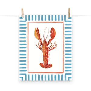 Red Lobster & Blue Stripe Art Print – Coastal Wall Decor