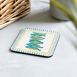 Teal & Yellow Sardines Stripe Cork-Back Coaster – Hand-Painted Coastal Tableware