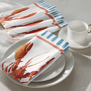 Red Lobster & Blue Stripe Cloth Napkin Set – Set of 4 Coastal Table Linens