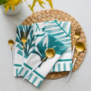Hand- painted Teal Coral watercolour Cloth Napkin Set – Set of 4 Coastal Table Linens