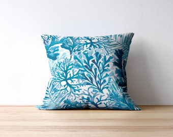 Blue Coral Watercolour Pillow Cover | Coastal Art Cushion | Beach House Decor