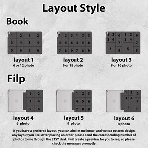 Puede incluir: Imagen que muestra seis estilos de dise&ntilde;o de fotos diferentes para un libro y un dise&ntilde;o de volteo. Cada dise&ntilde;o est&aacute; numerado e indica el n&uacute;mero de fotos. El texto en la parte inferior explica las opciones de dise&ntilde;o personalizado.