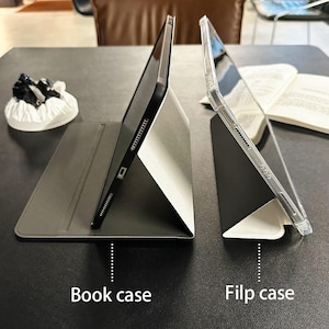 Puede incluir: Se muestran dos fundas para tablet, una tipo libro y otra tipo flip, una al lado de la otra. La funda tipo libro es negra con una cubierta gris, y la funda tipo flip es transparente. El texto "Book case" y "Filp case" est&aacute; escrito debajo.