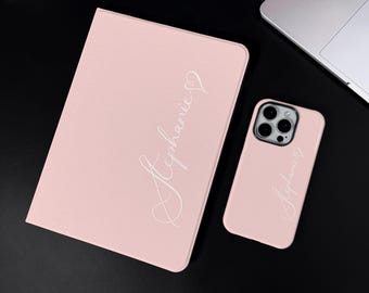 Custom Name iPad Case with Solid Color: Book Cover with Pencil Holder