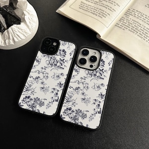 Coque iPhone fleur encre rétro 16 15 14 13 12 Pro Max Xr Mini SE Coque iPhone 7 8 Plus Boho Coque esthétique pour iPhone